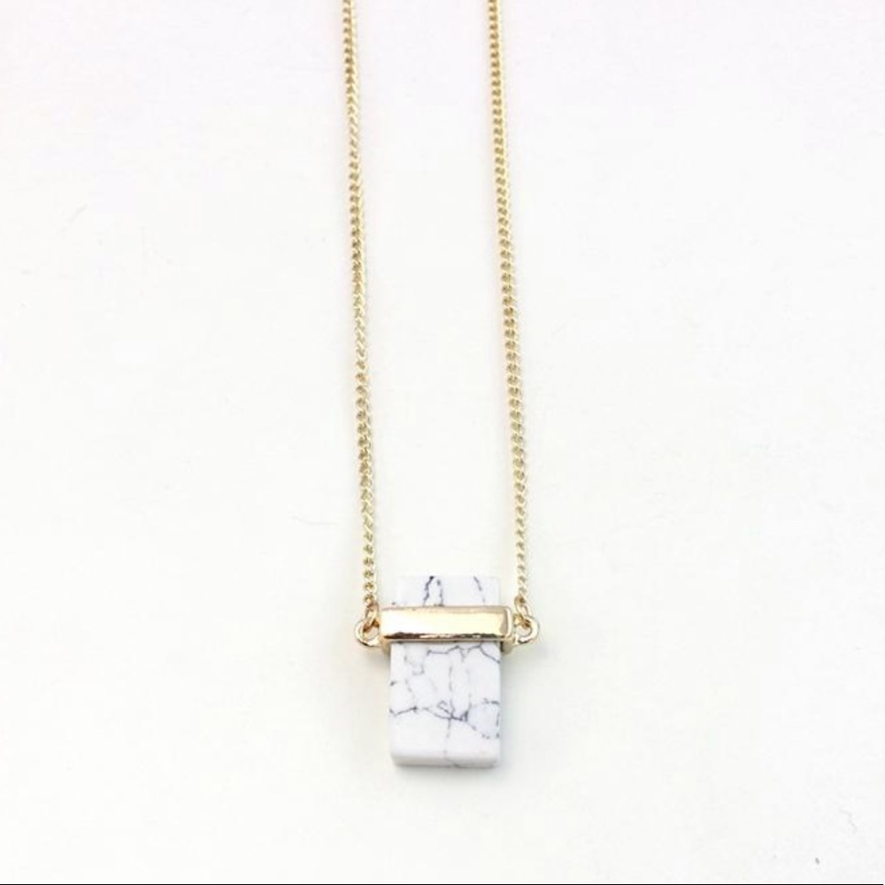 Rectangle White Marble Stone Pendant Gold Necklace